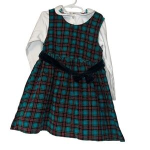 VTG rainbow tag Gymboree Green Plaid corduroy Dress top sz Lg 3-4T floral trim